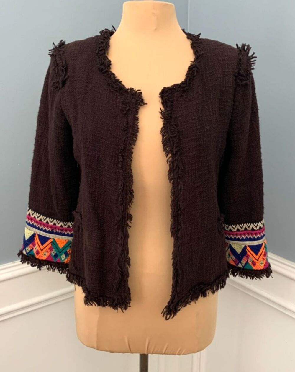 Billabong Jacket Womens M Lou Embroidered Tweed Cropped Fringe Boho Festival